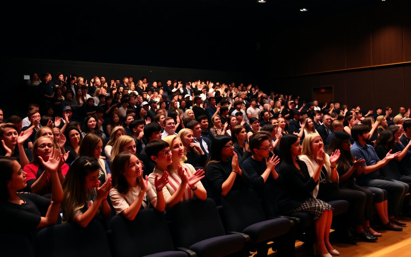 A packed school auditorium applauding a student showcase