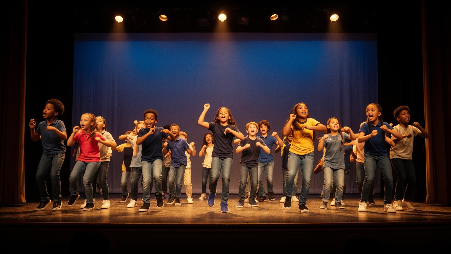 Students performing on a beautifully lit school stage