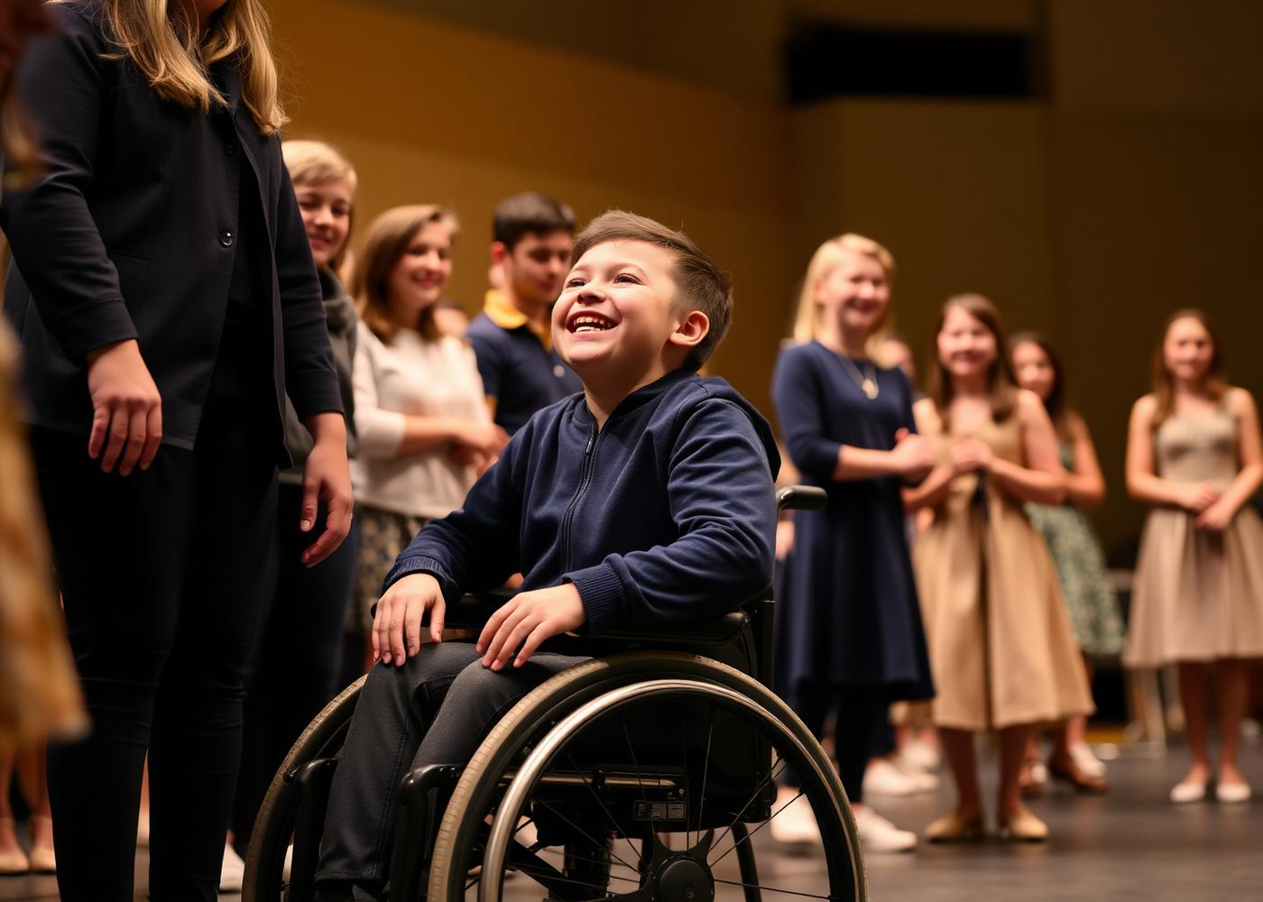 A student in a wheelchair joyfully performing with peers